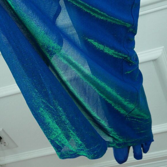 Vintage 3 4 Prom Dress 90s Y2K Blue Green Iridiscent Shiny Metallic Column Maxi - Picture 7 of 11